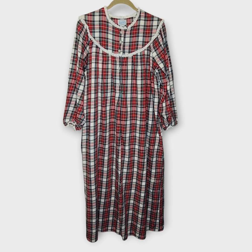 Lanz of Salzburg Long Flannel Nightgown M Plaid Tartan Modest